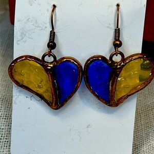 NWT Blue and Yellow heart stained glass earrings